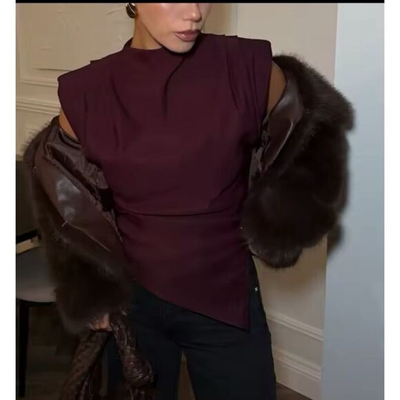 Elegant Shoulder Pad Assymetrical Blouse Burgundy, Brown & Black‎ Med & Lg - Picture 1 of 12